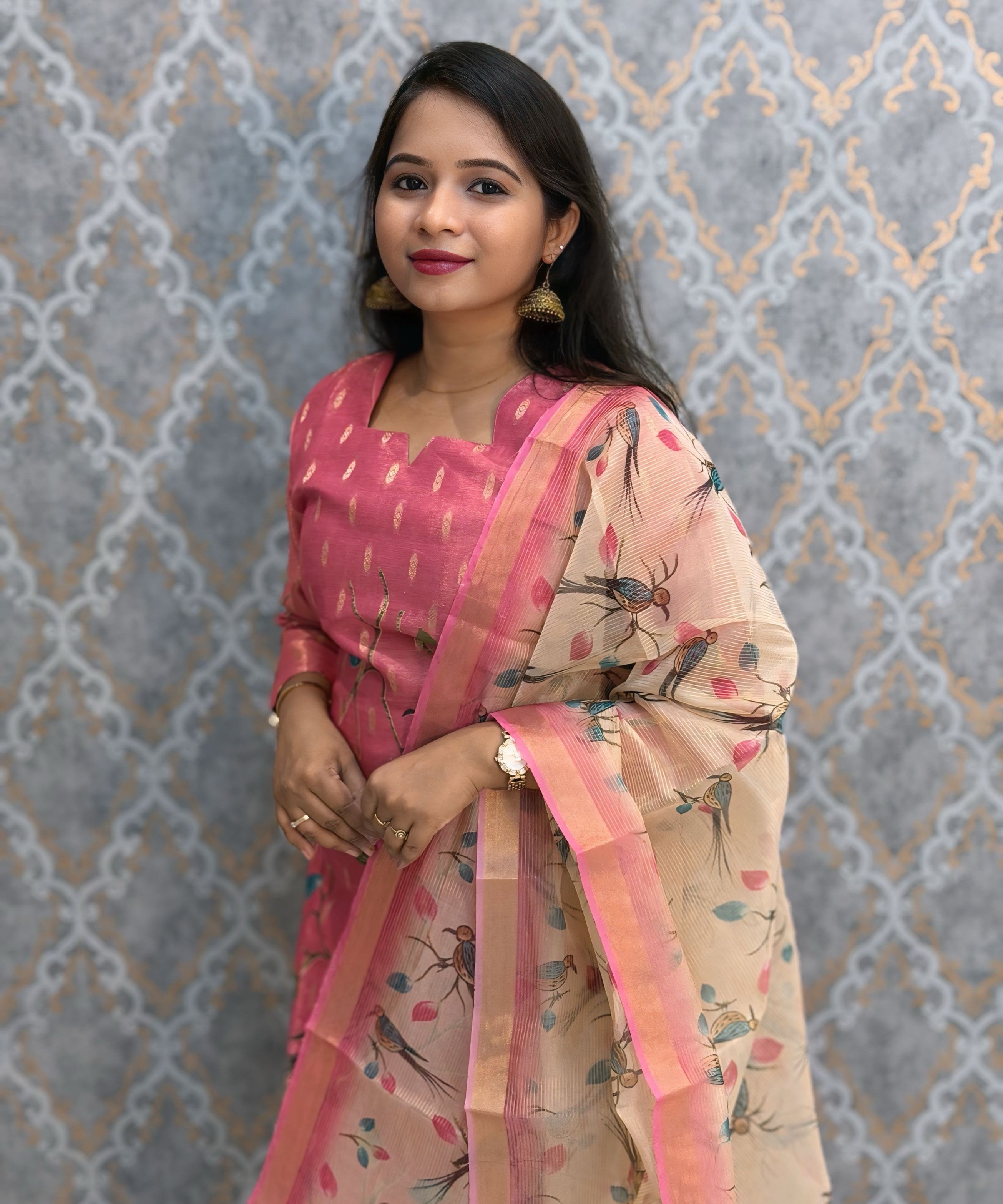 Pink and Beige Color Premium Tissue Silk Designer Ethnic 3 Piece Salwar Set with Lining /  ESS405