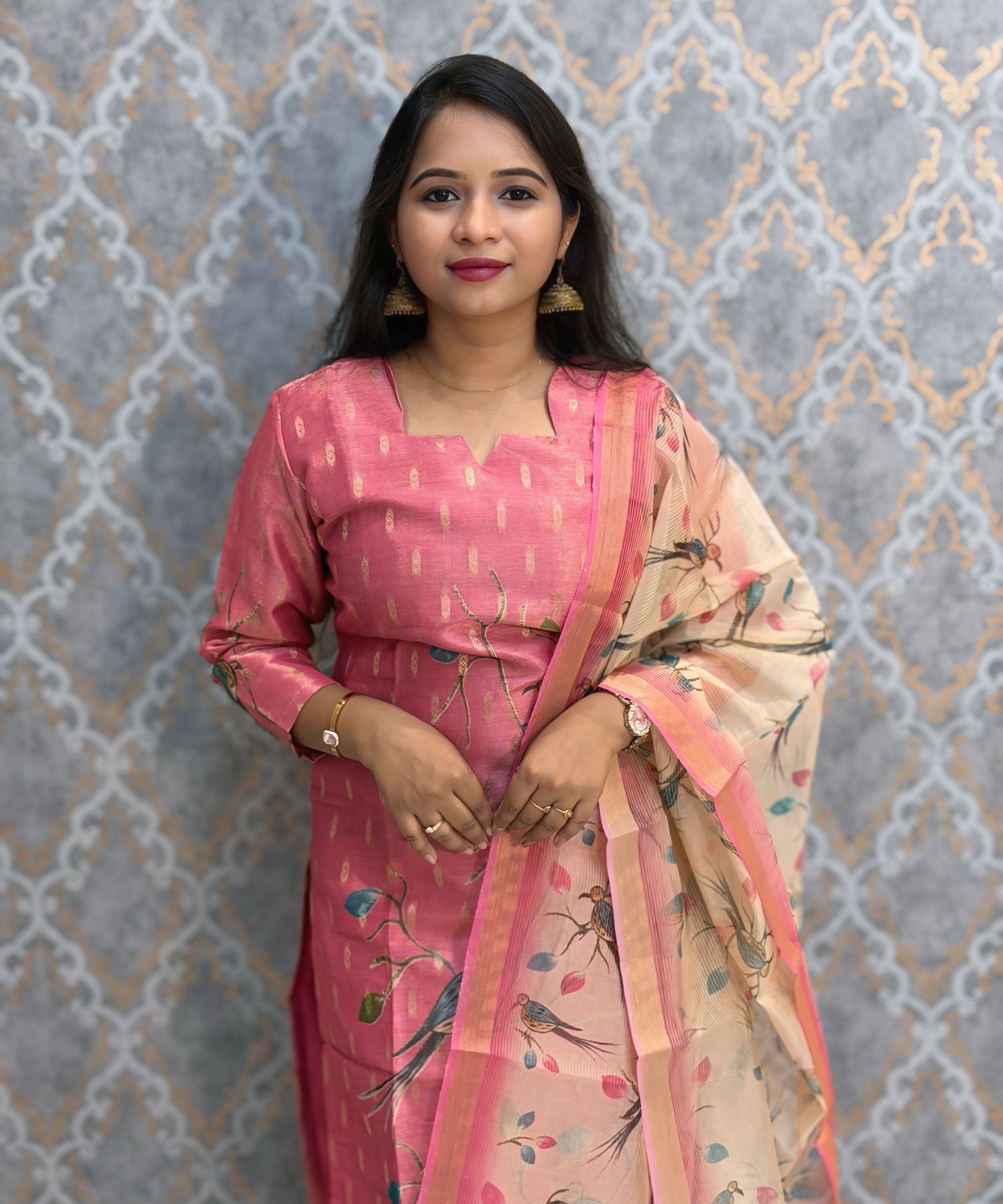 Pink and Beige Color Premium Tissue Silk Designer Ethnic 3 Piece Salwar Set with Lining /  ESS405