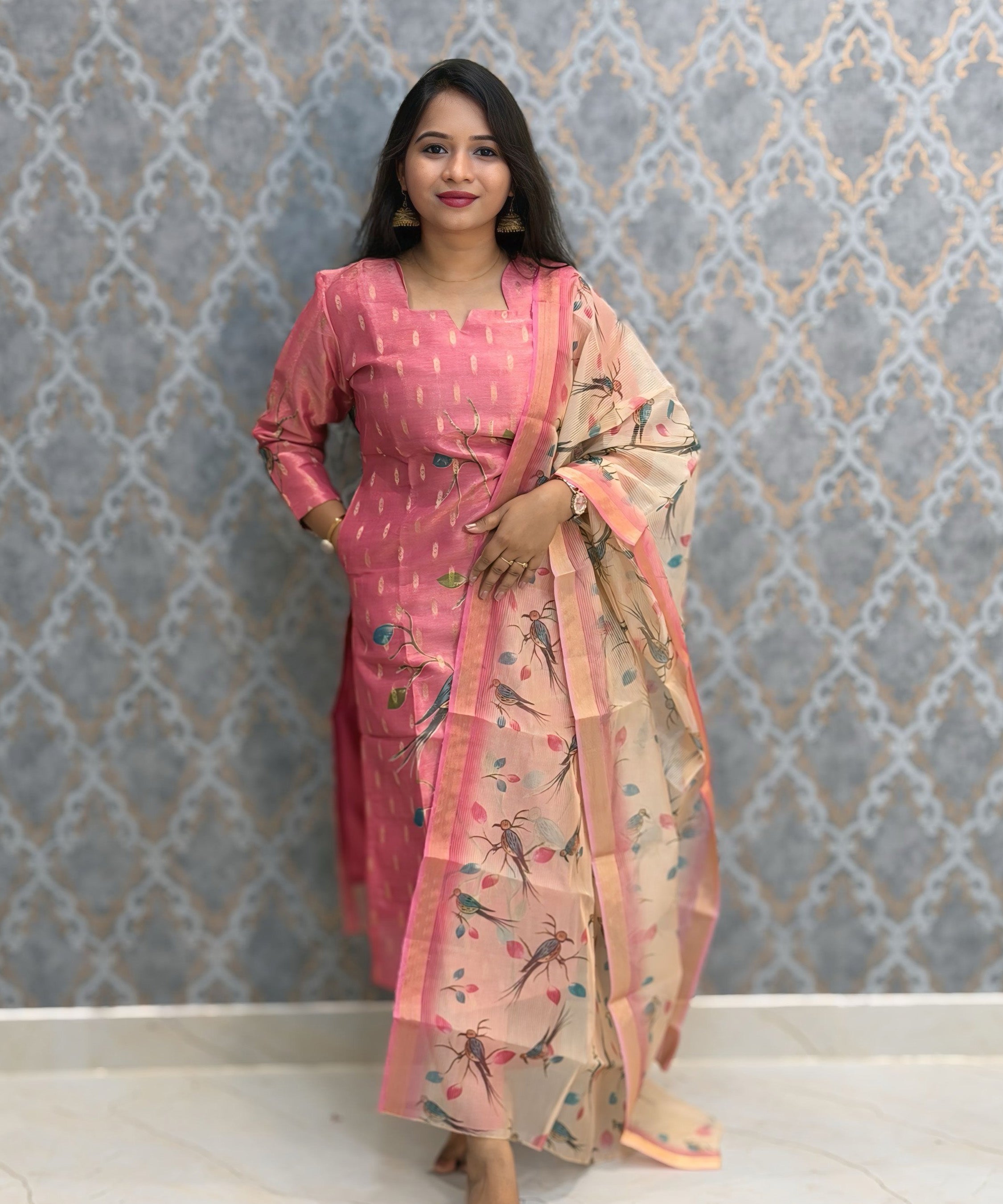 Pink and Beige Color Premium Tissue Silk Designer Ethnic 3 Piece Salwar Set with Lining /  ESS405