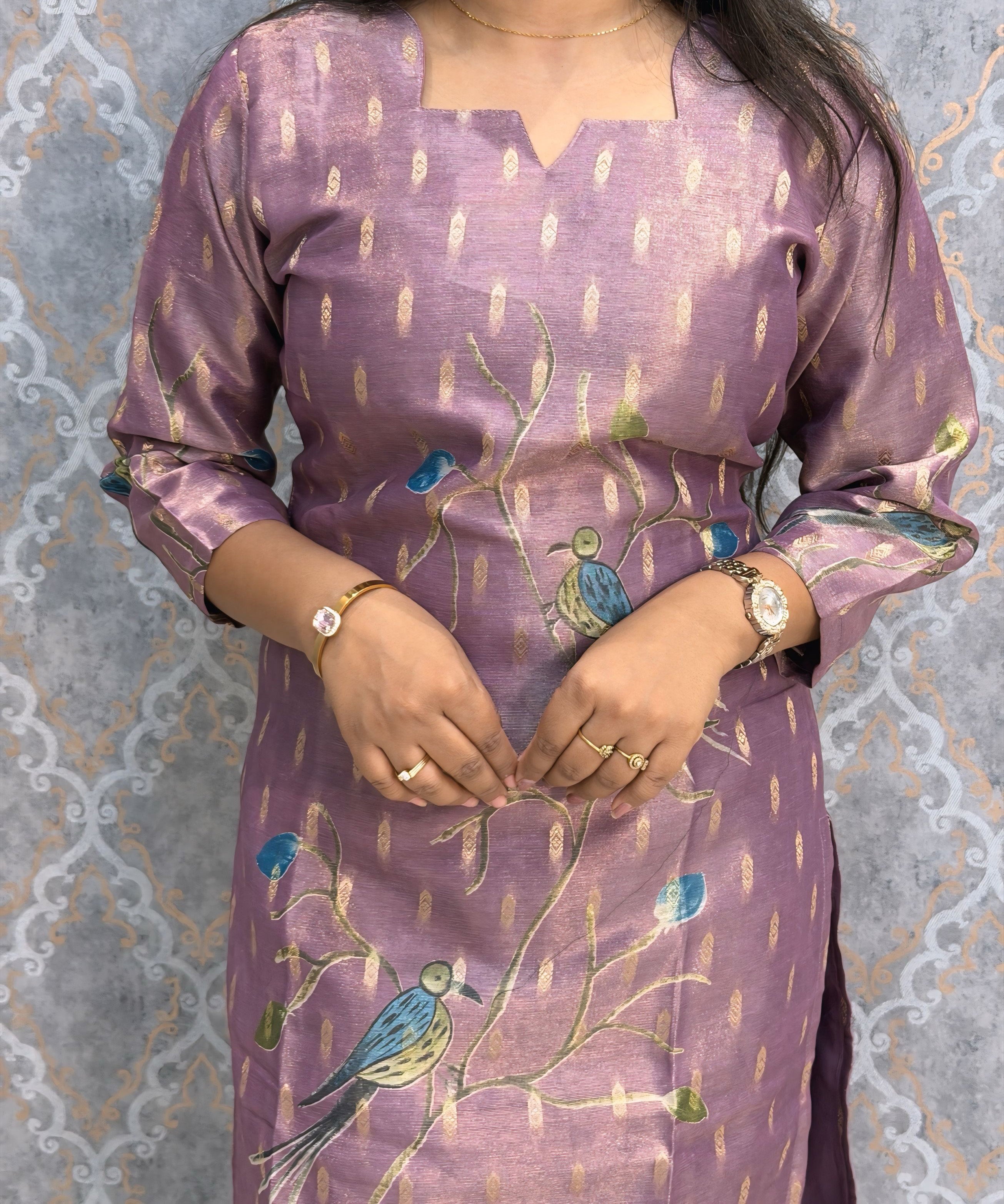 Purple and Beige Color Premium Tissue Silk Designer Ethnic 3 Piece Salwar Set with Lining /  ESS405