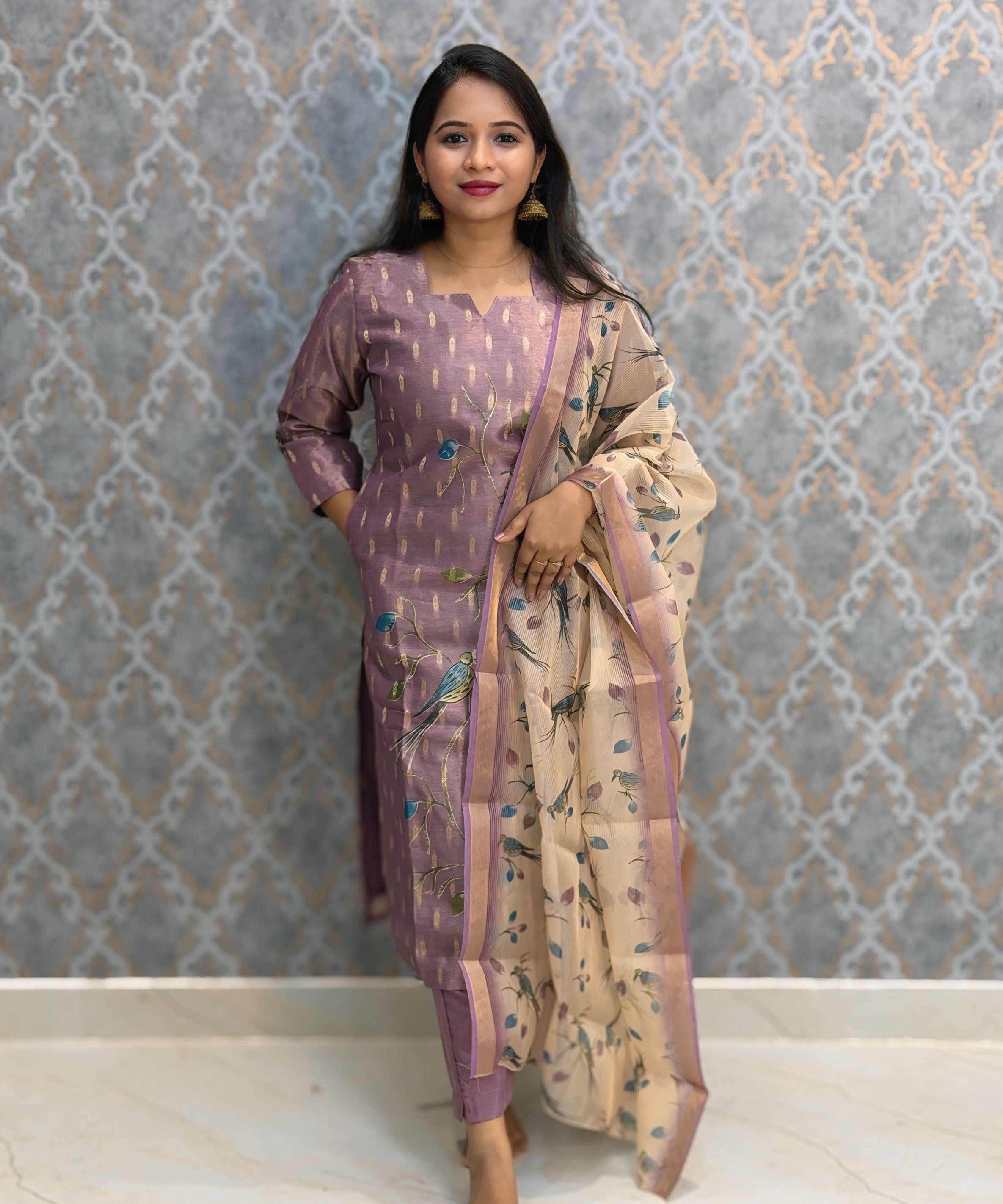 Purple and Beige Color Premium Tissue Silk Designer Ethnic 3 Piece Salwar Set with Lining /  ESS405