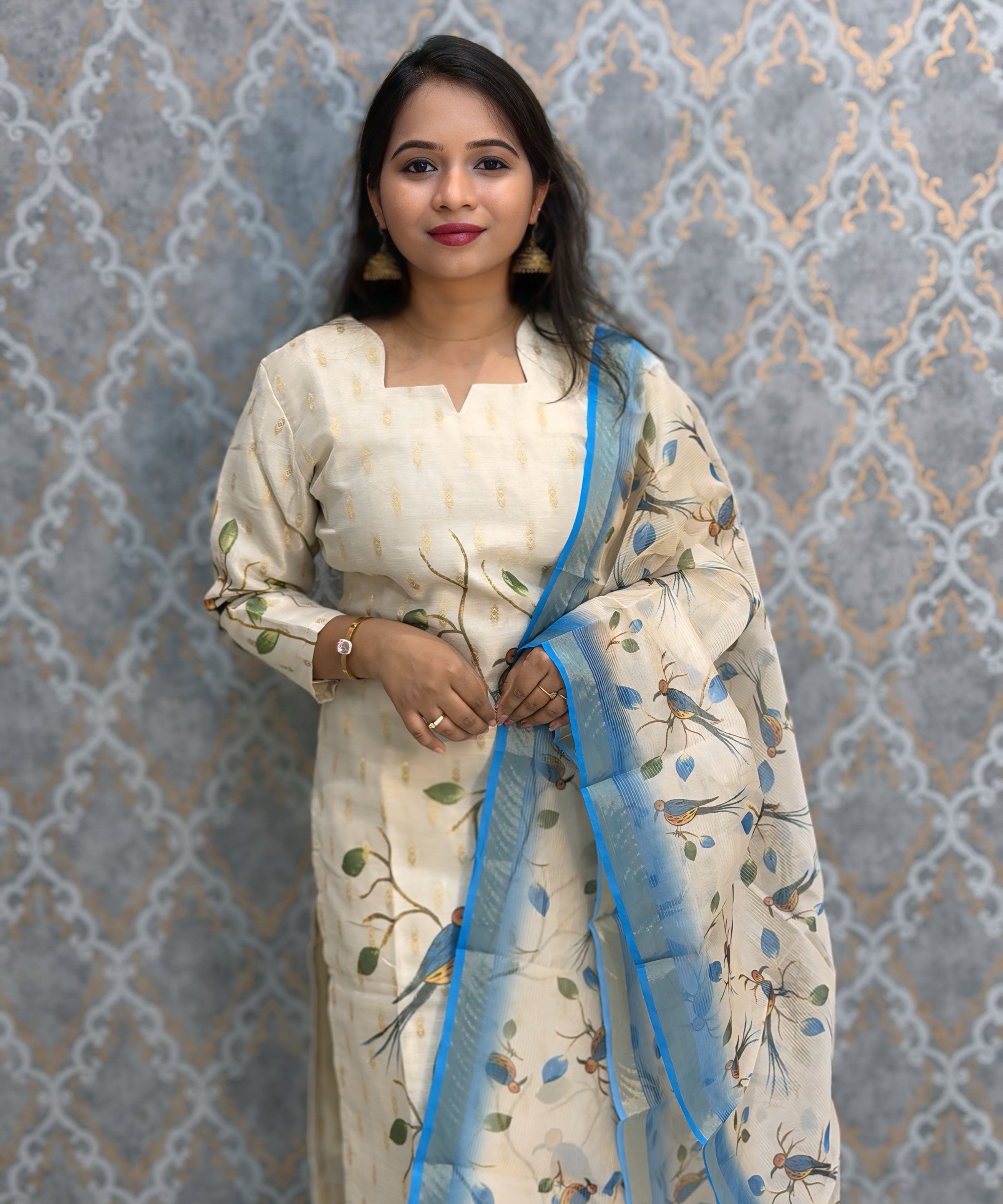 Beige Color Premium Tissue Silk Designer Ethnic 3 Piece Salwar Set with Lining /  ESS405