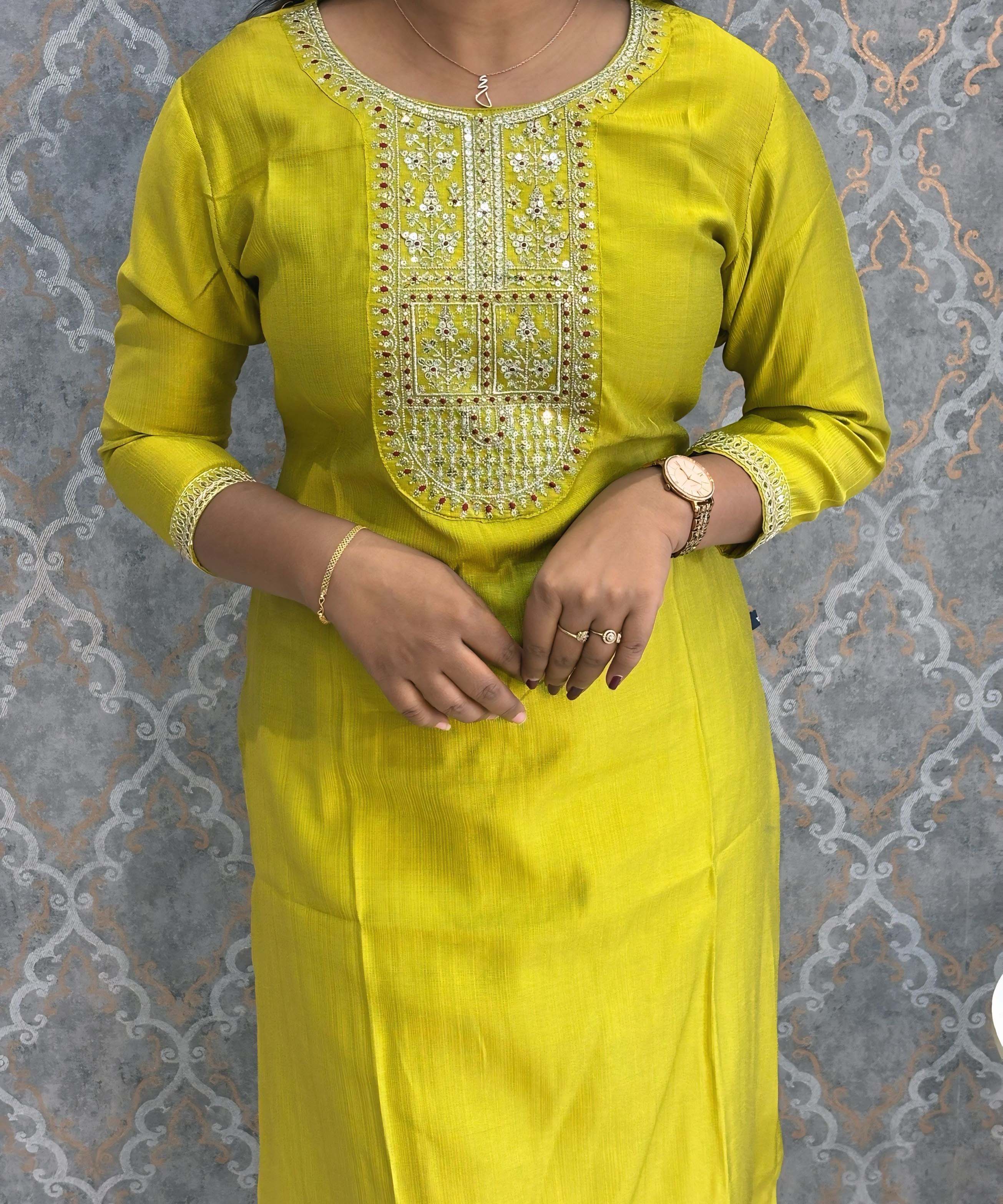 Lemon Yellow Color Premium Vatican Silk Co-ord Set with Pocket / LSS171