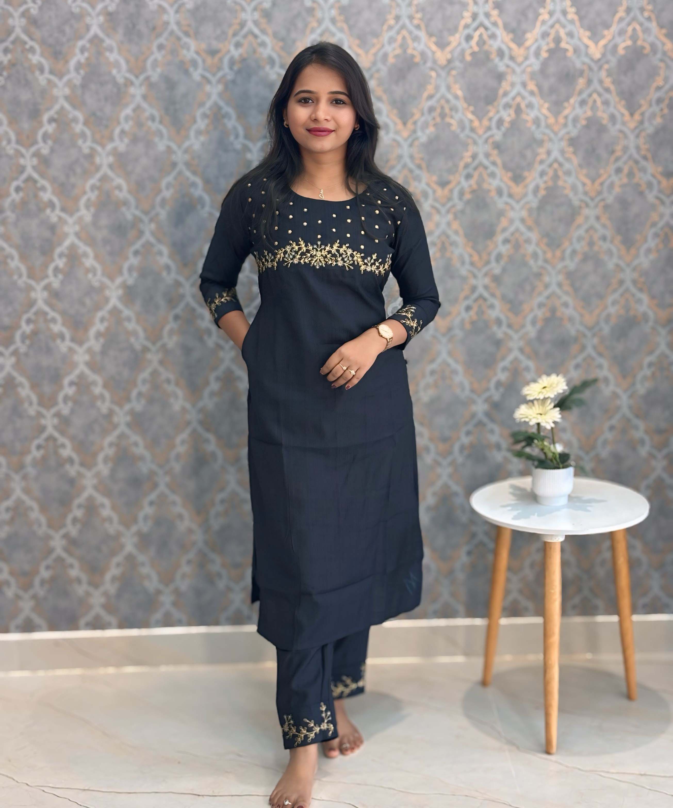 Black Color Premium Vatican Silk Co-ord Set with Pocket / LSS171