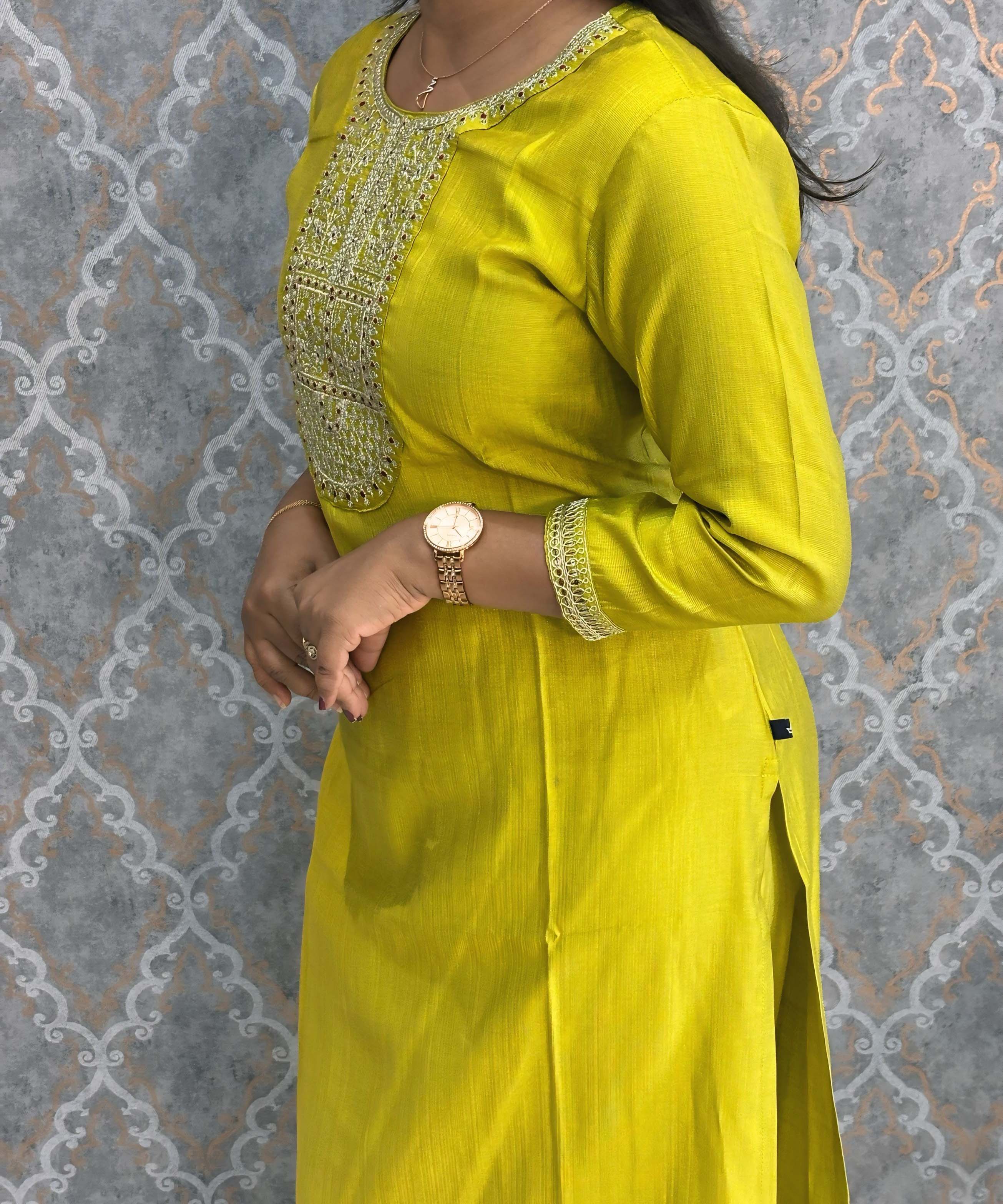 Lemon Yellow Color Premium Vatican Silk Co-ord Set with Pocket / LSS171