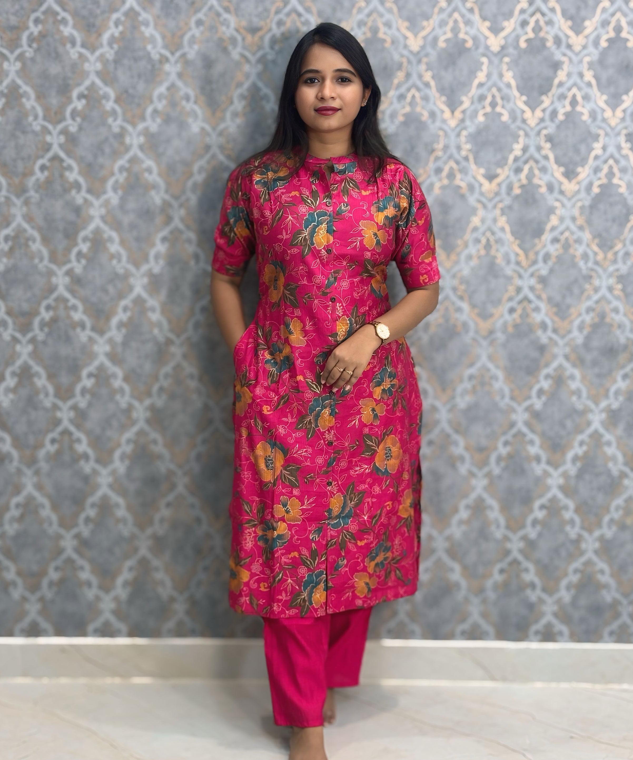 Pink Color with Foil Print Premium Vatican Silk Co-ord Set with Pocket / LSS217