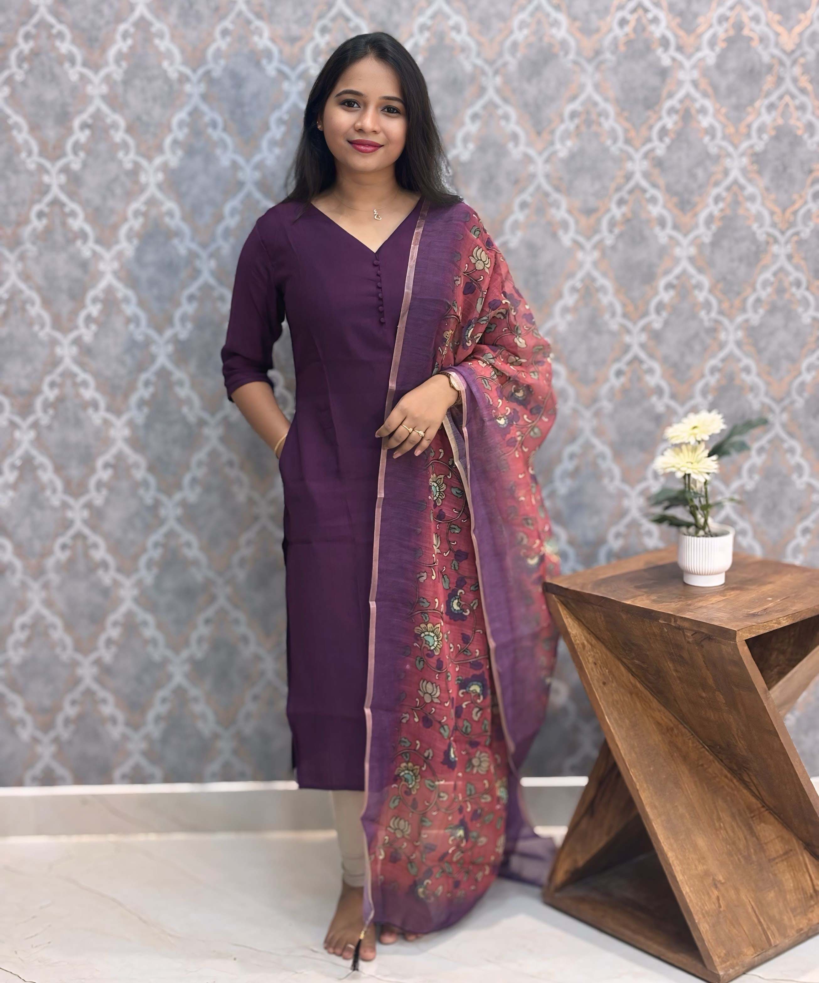 Purple Color Premium Vatican Silk Kurti and Kalamkari Kota Inspired Dupatta / LSS199