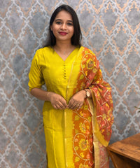 Lemon Green Color Premium Vatican Silk Kurti and Kalamkari Kota Inspired Dupatta / LSS199