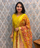 Lemon Green Color Premium Vatican Silk Kurti and Kalamkari Kota Inspired Dupatta / LSS199