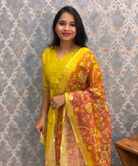 Lemon Green Color Premium Vatican Silk Kurti and Kalamkari Kota Inspired Dupatta / LSS199