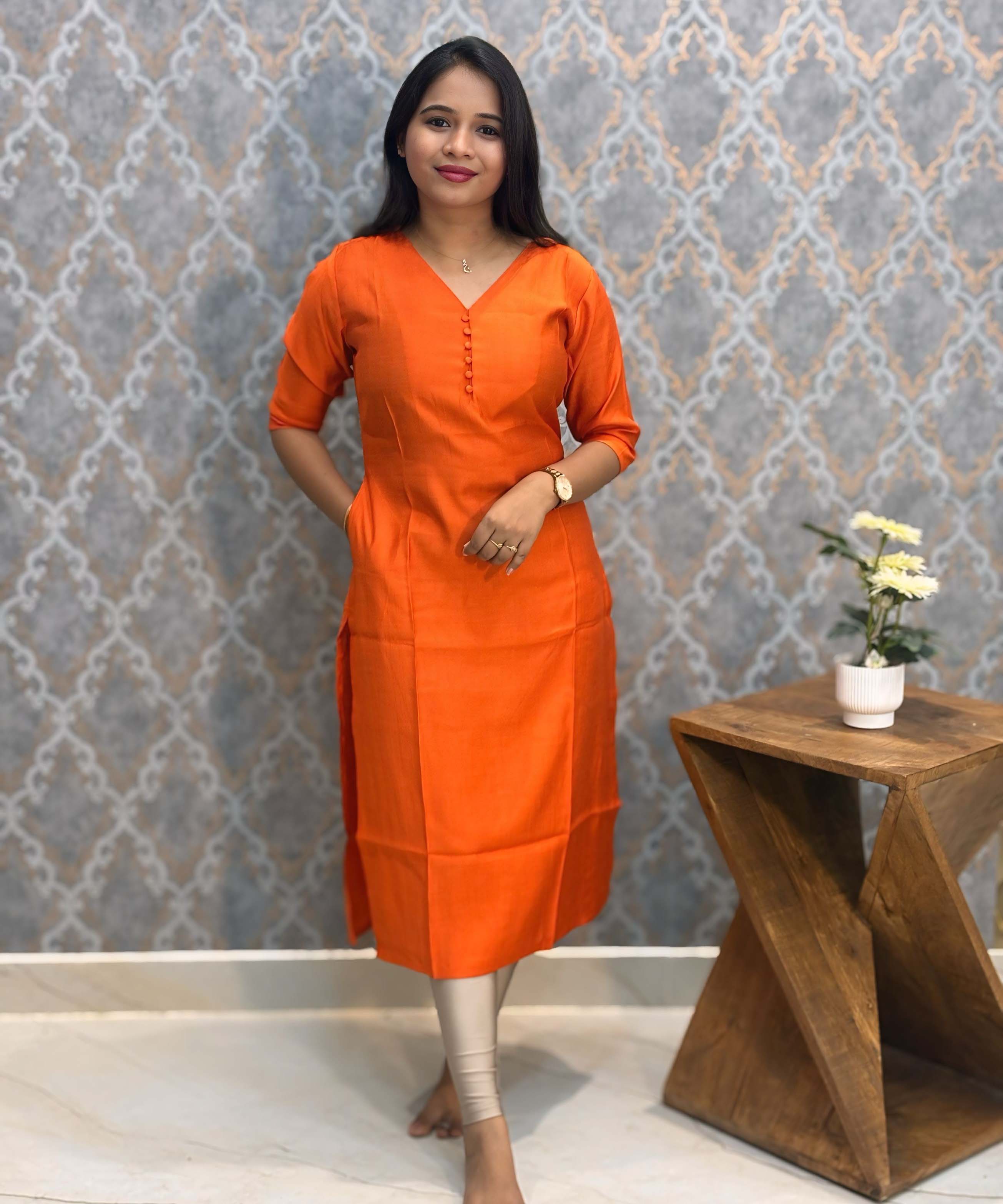 Orange Color Premium Vatican Silk Kurti and Kalamkari Kota Inspired Dupatta / LSS199