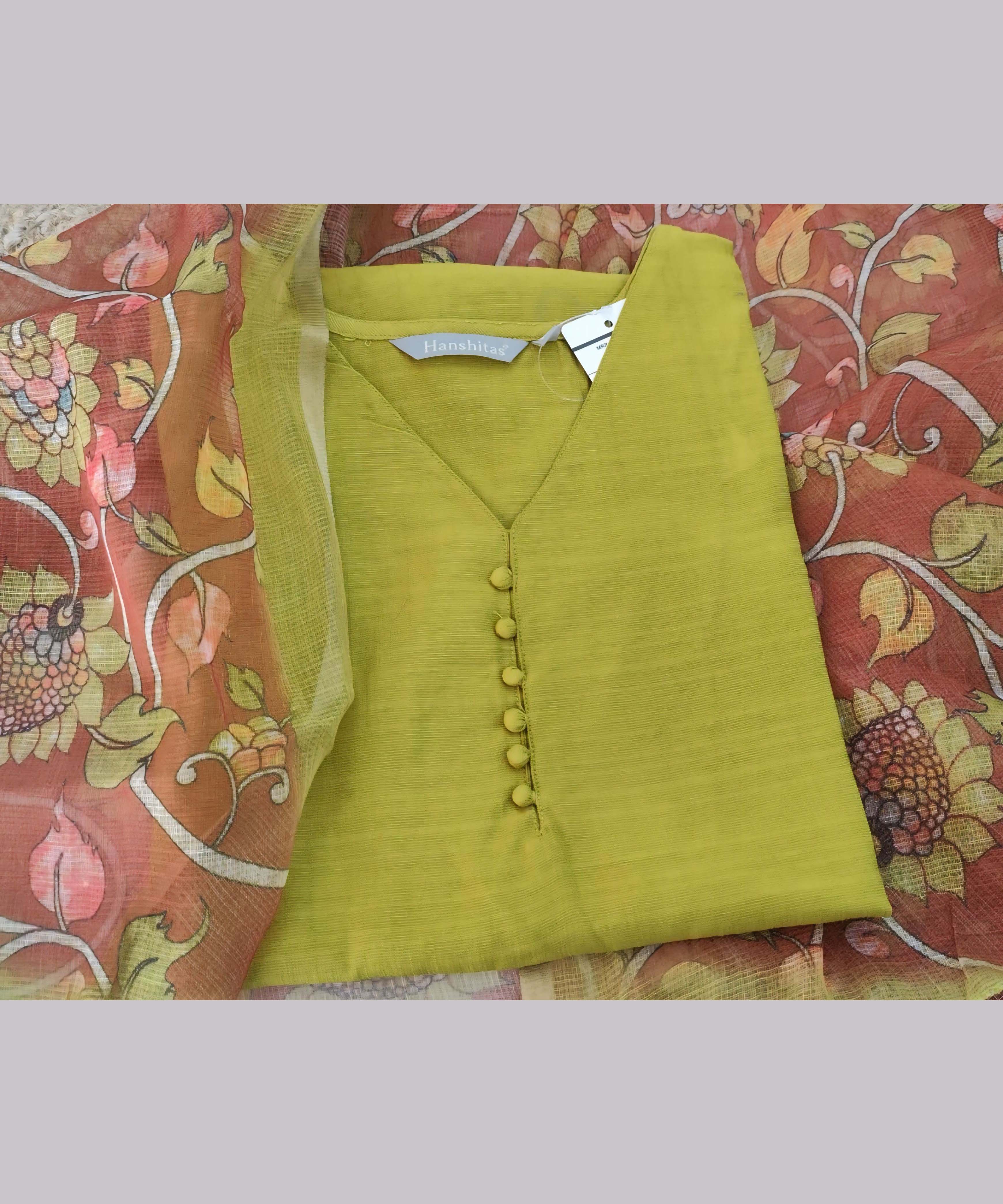Lemon Green Color Premium Vatican Silk Kurti and Kalamkari Kota Inspired Dupatta / LSS199