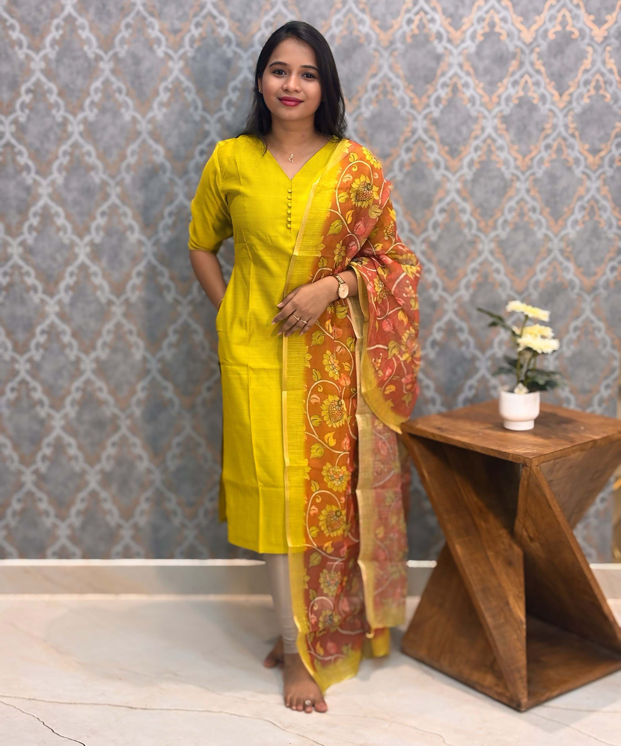 Lemon Green Color Premium Vatican Silk Kurti and Kalamkari Kota Inspired Dupatta / LSS199