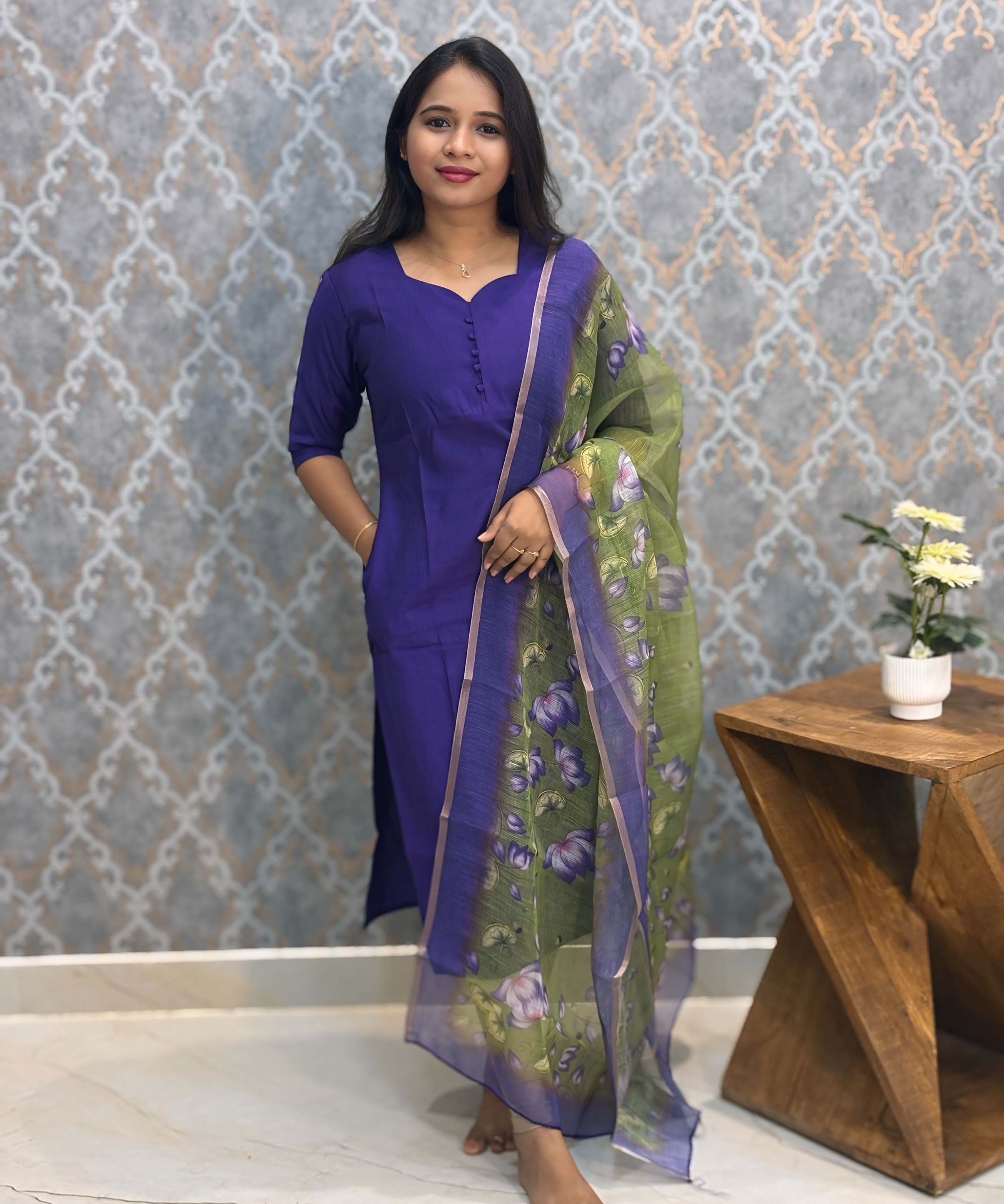 Deep Royal Purple Color Premium Vatican Silk Kurti and Kalamkari Kota Inspired Dupatta / LSS199