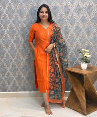 Orange Color Premium Vatican Silk Kurti and Kalamkari Kota Inspired Dupatta / LSS199