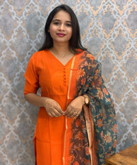 Orange Color Premium Vatican Silk Kurti and Kalamkari Kota Inspired Dupatta / LSS199