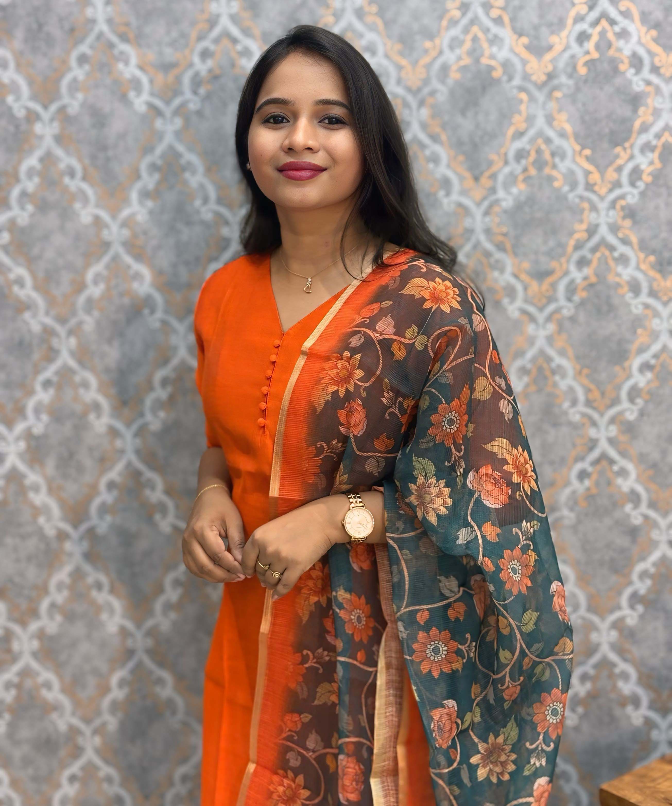 Orange Color Premium Vatican Silk Kurti and Kalamkari Kota Inspired Dupatta / LSS199