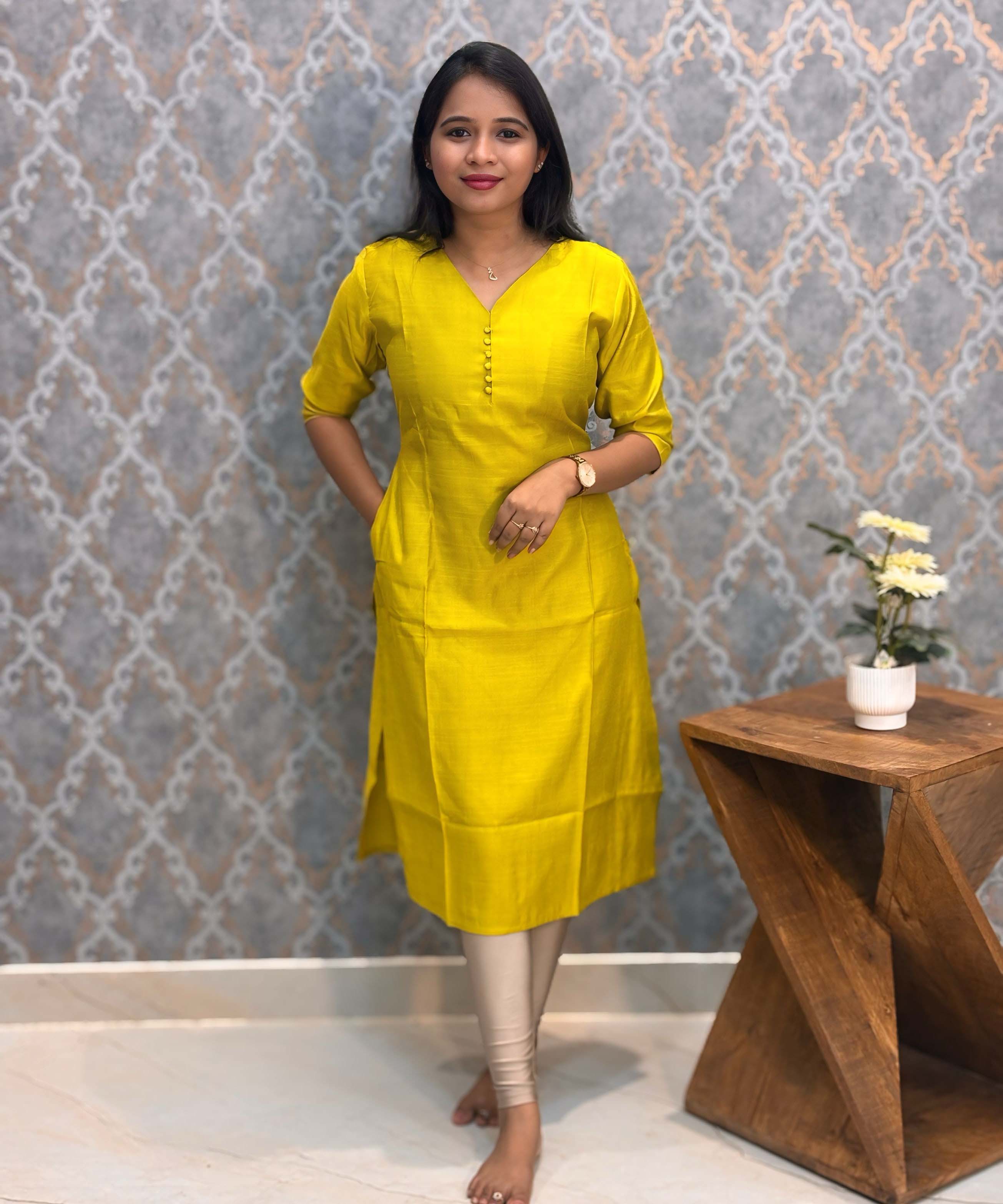 Lemon Green Color Premium Vatican Silk Kurti and Kalamkari Kota Inspired Dupatta / LSS199