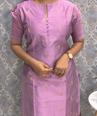 Violet Color Round Neck Premium Dupion Raw Silk Kurti with Thilagam Shape Zari Butta & Lining / LSS186