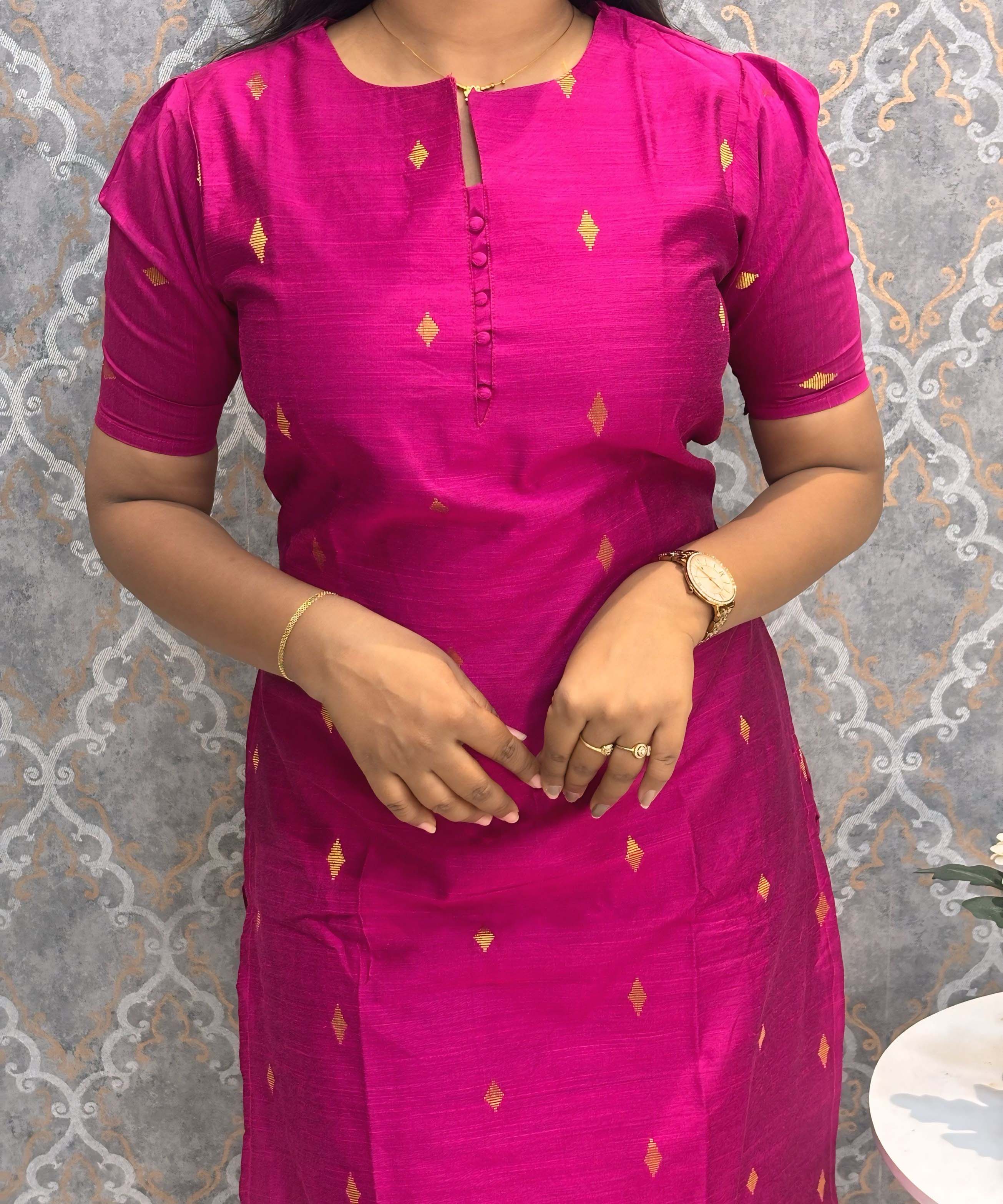 Dark Pink Color Round Neck Premium Dupion Raw Silk Kurti with Big Square Zari Butta & Lining / LSS186