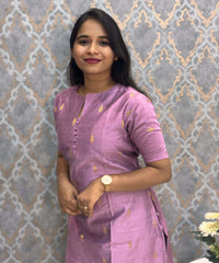 Violet Color Round Neck Premium Dupion Raw Silk Kurti with Thilagam Shape Zari Butta & Lining / LSS186