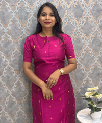 Dark Pink Color Round Neck Premium Dupion Raw Silk Kurti with Big Square Zari Butta & Lining / LSS186