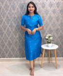 Sky Blue Color Round Neck Premium Dupion Raw Silk Kurti with Small Zari Butta & Lining / LSS186