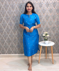 Sky Blue Color Round Neck Premium Dupion Raw Silk Kurti with Small Zari Butta & Lining / LSS186
