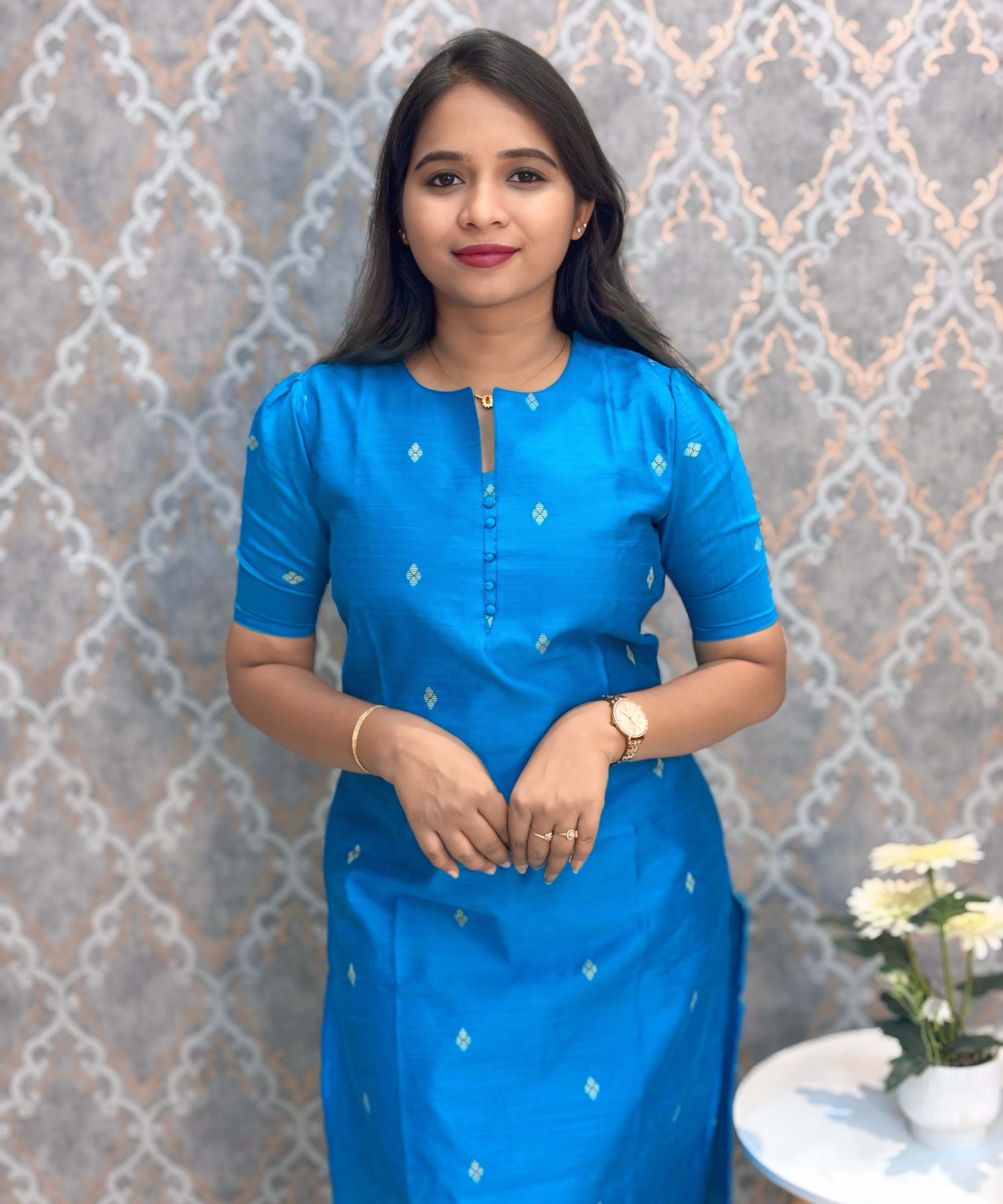 Sky Blue Color Round Neck Premium Dupion Raw Silk Kurti with Small Zari Butta & Lining / LSS186