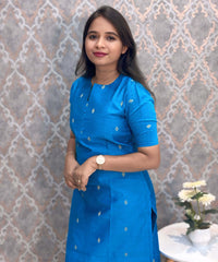 Sky Blue Color Round Neck Premium Dupion Raw Silk Kurti with Small Zari Butta & Lining / LSS186