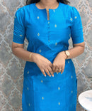 Sky Blue Color Round Neck Premium Dupion Raw Silk Kurti with Small Zari Butta & Lining / LSS186