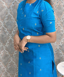 Sky Blue Color Round Neck Premium Dupion Raw Silk Kurti with Small Zari Butta & Lining / LSS186