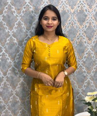Mustard Yellow Color Sweetheart Neck Premium Dupion Raw Silk Kurti with  Beige Zari Butta & Lining / LSS189