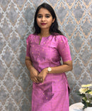 Lavender Pink Color Round Neck Premium Dupion Raw Silk Kurti with Small Zari Butta & Lining / LSS186
