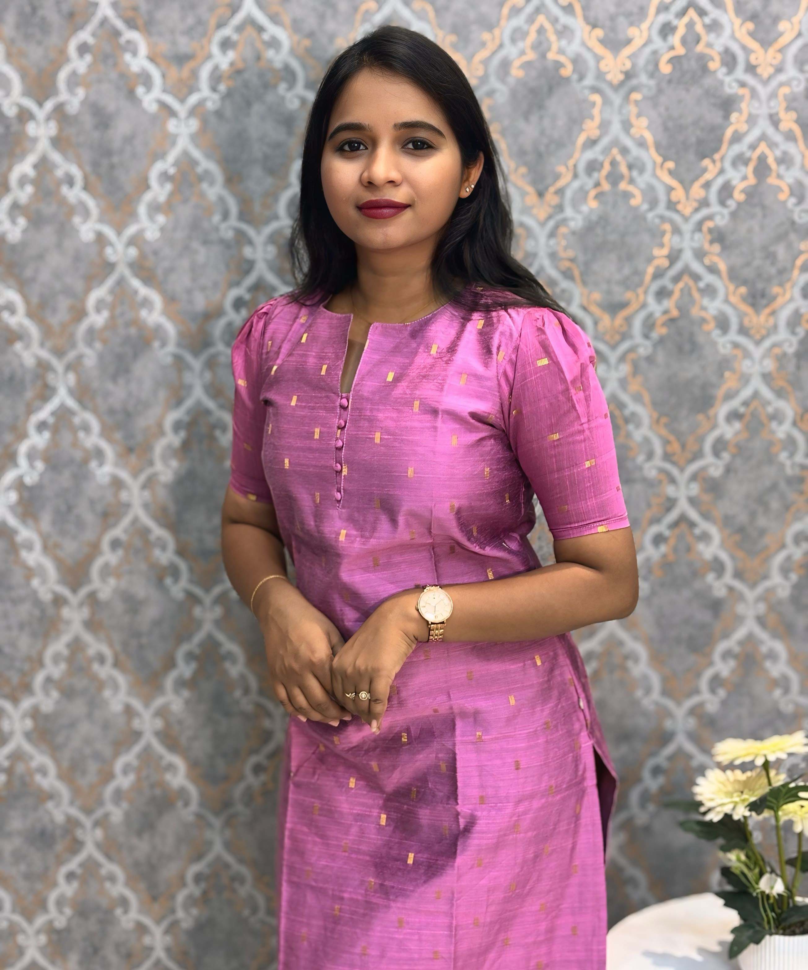 Lavender Pink Color Round Neck Premium Dupion Raw Silk Kurti with Small Zari Butta & Lining / LSS186