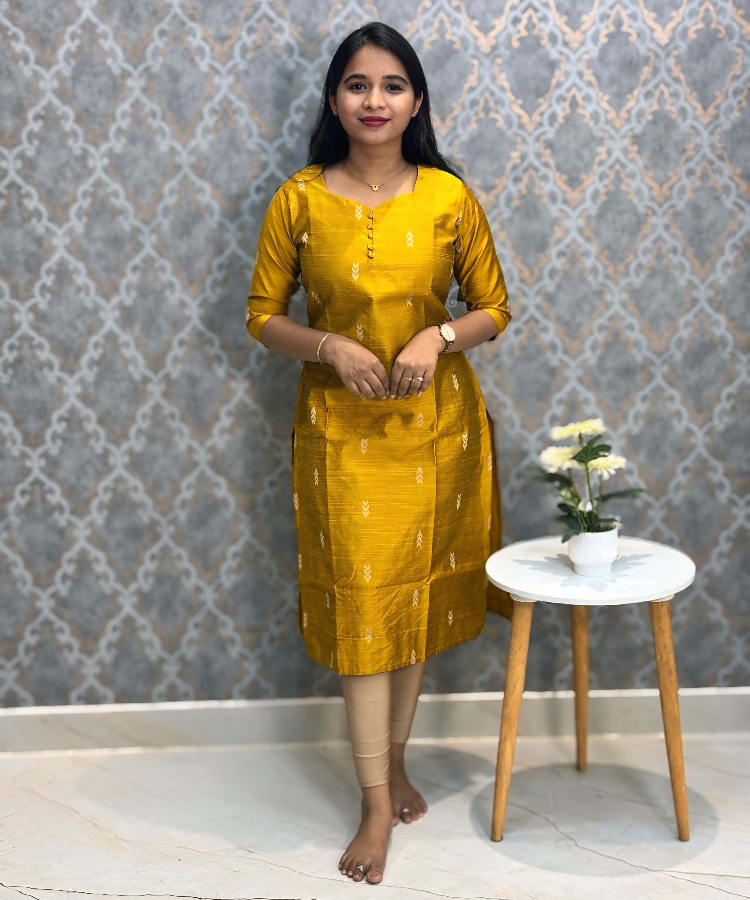 Mustard Yellow Color Sweetheart Neck Premium Dupion Raw Silk Kurti with  Beige Zari Butta & Lining / LSS189