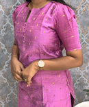 Lavender Pink Color Round Neck Premium Dupion Raw Silk Kurti with Small Zari Butta & Lining / LSS186