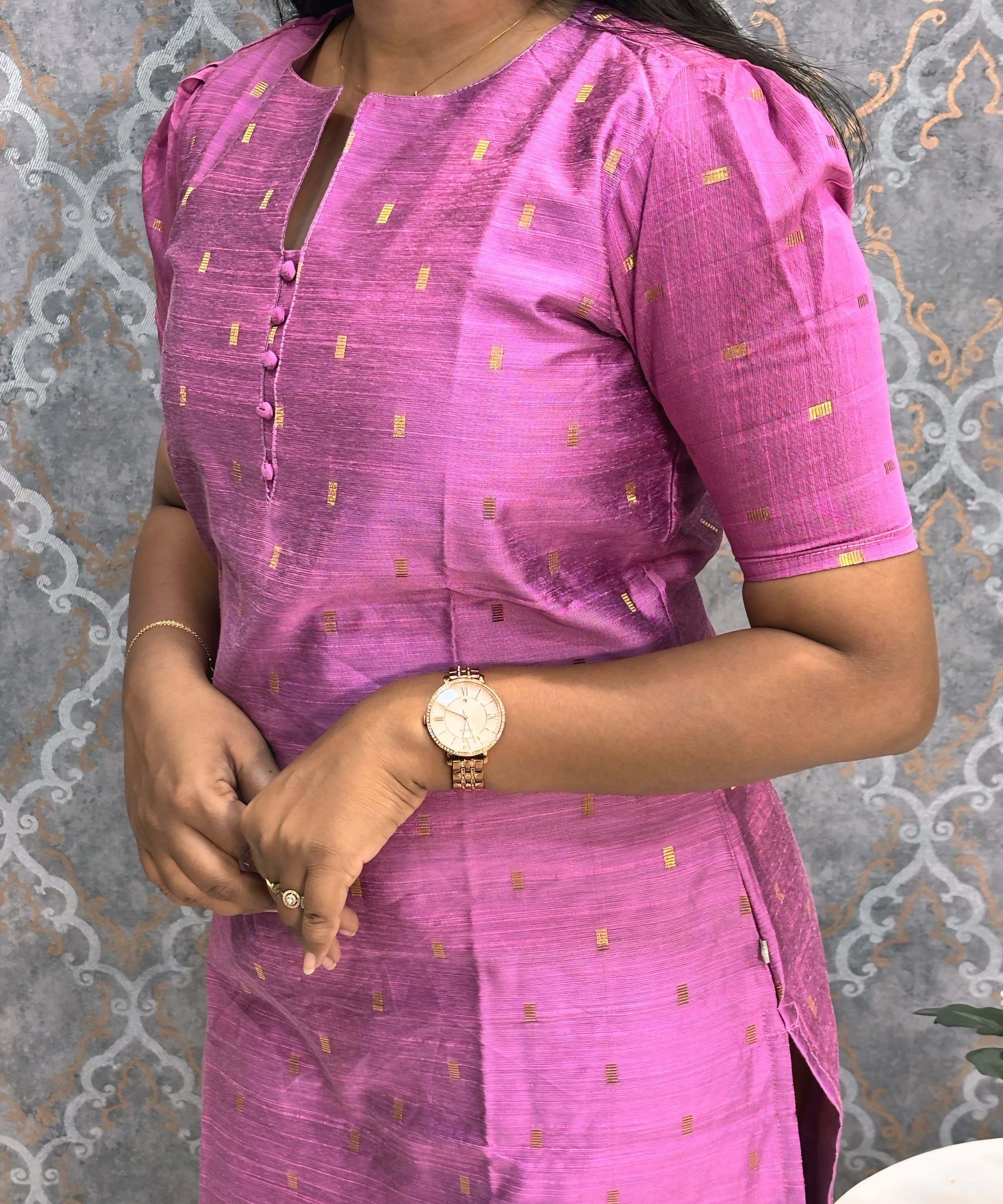 Lavender Pink Color Round Neck Premium Dupion Raw Silk Kurti with Small Zari Butta & Lining / LSS186