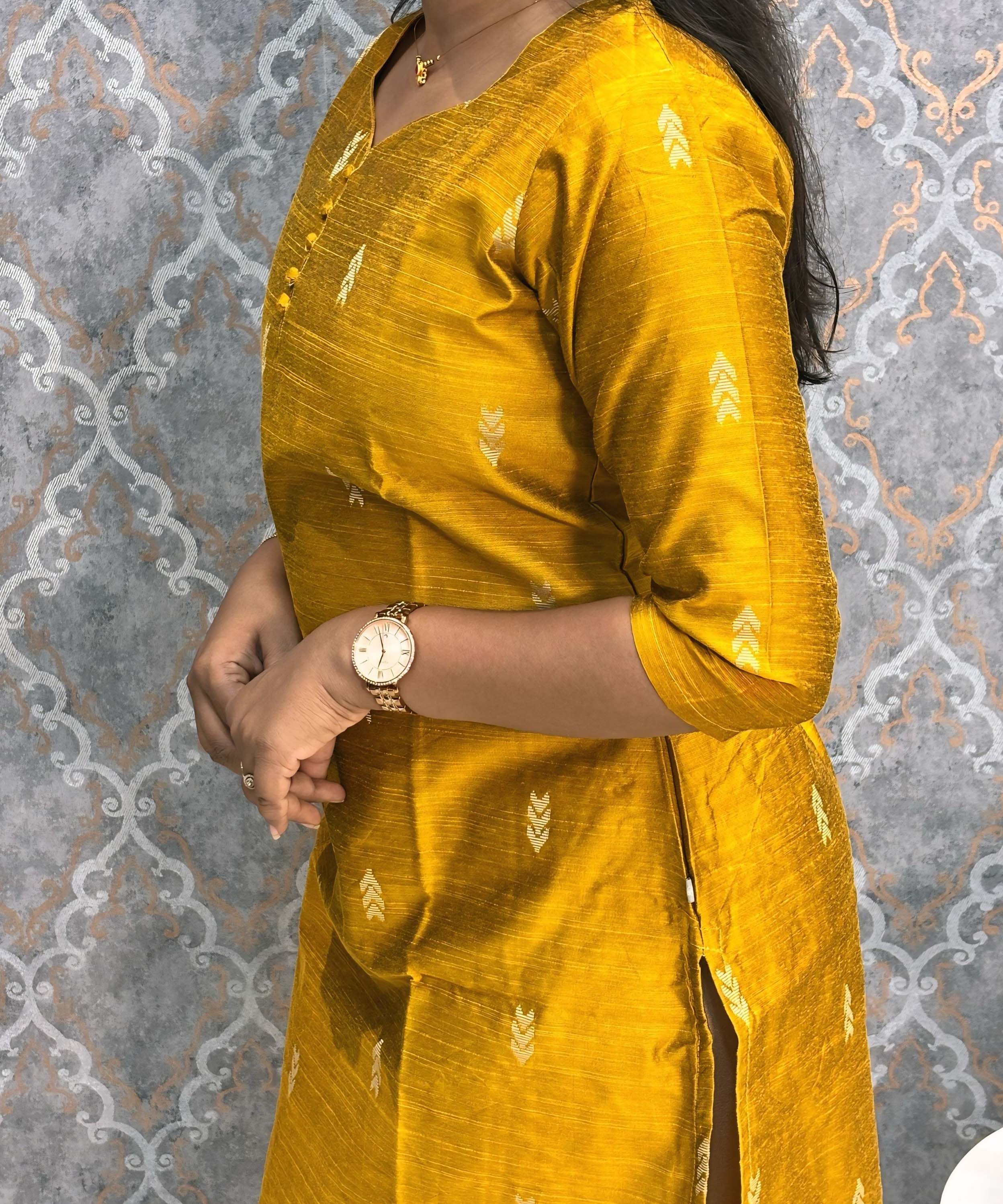 Mustard Yellow Color Sweetheart Neck Premium Dupion Raw Silk Kurti with  Beige Zari Butta & Lining / LSS189