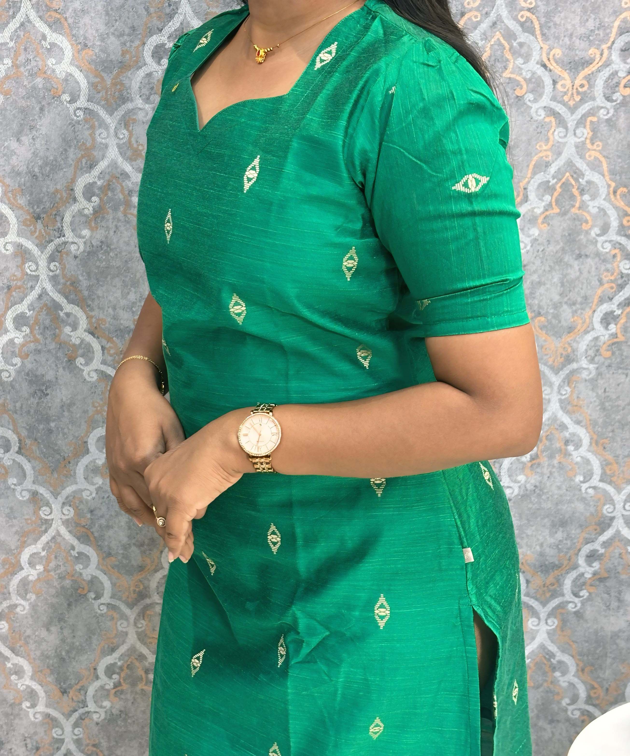 Green Color Sweeheart Neck Premium Dupion Raw Silk Kurti with  Beige Zari Butta & Lining / LSS186