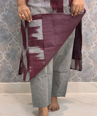 Maroon with Gray Color Premium Handloom Ikkat Cotton 3 Piece Salwar Set with Pocket / LSS231