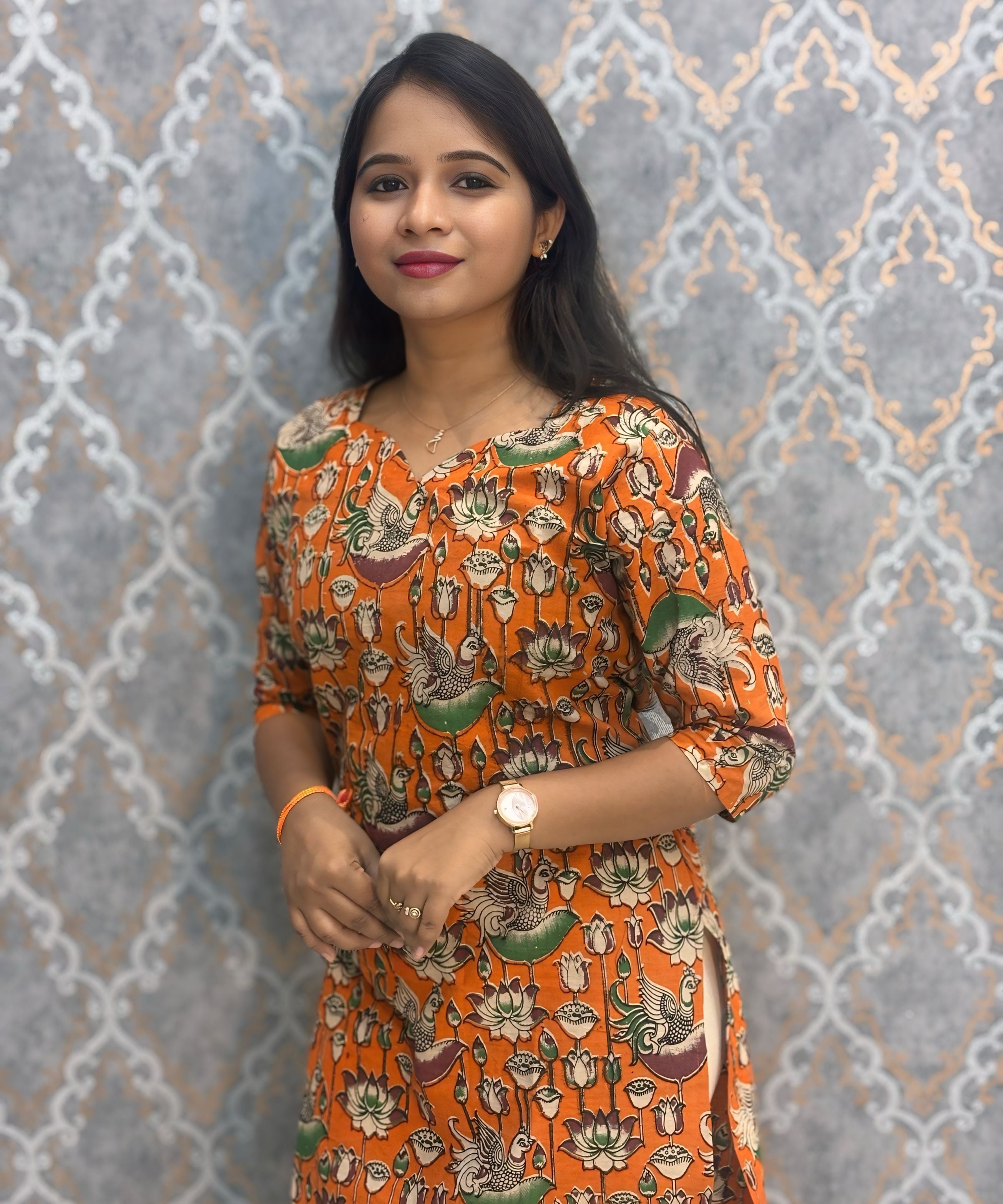 Orange and Beige Color Premium Kalamkari Cotton Kurti / RS002