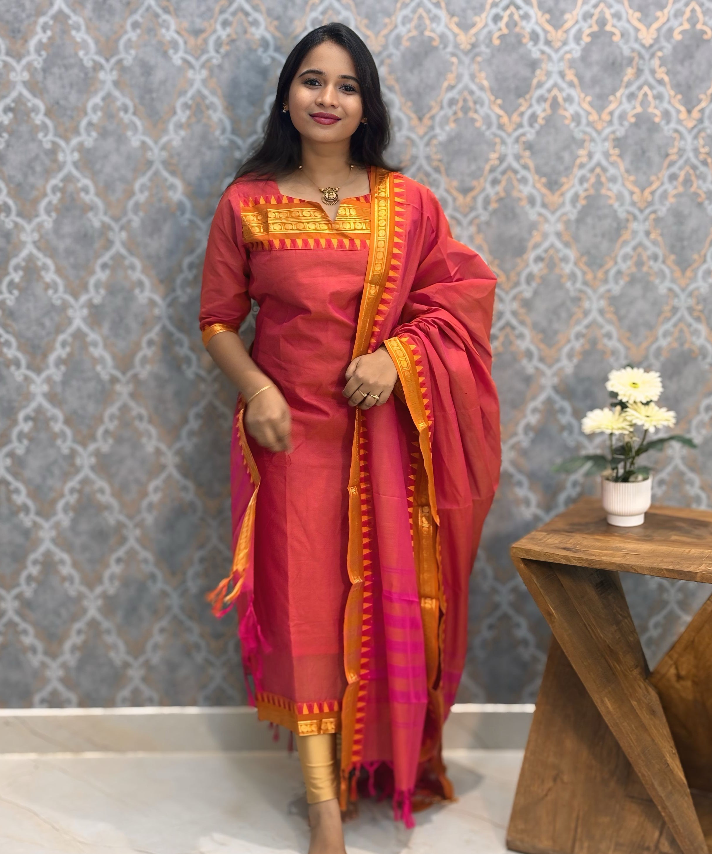 Orange and Pink Color Premium Kanchi Cotton 2 Piece Kurti and Dupatta / LSS198