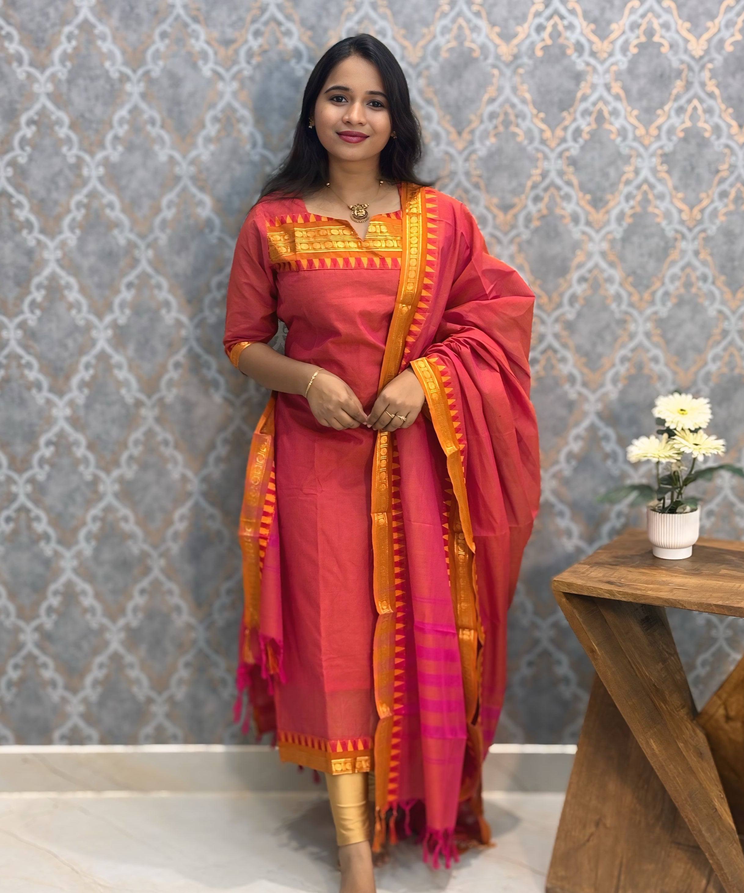 Orange and Pink Color Premium Kanchi Cotton 2 Piece Kurti and Dupatta / LSS198