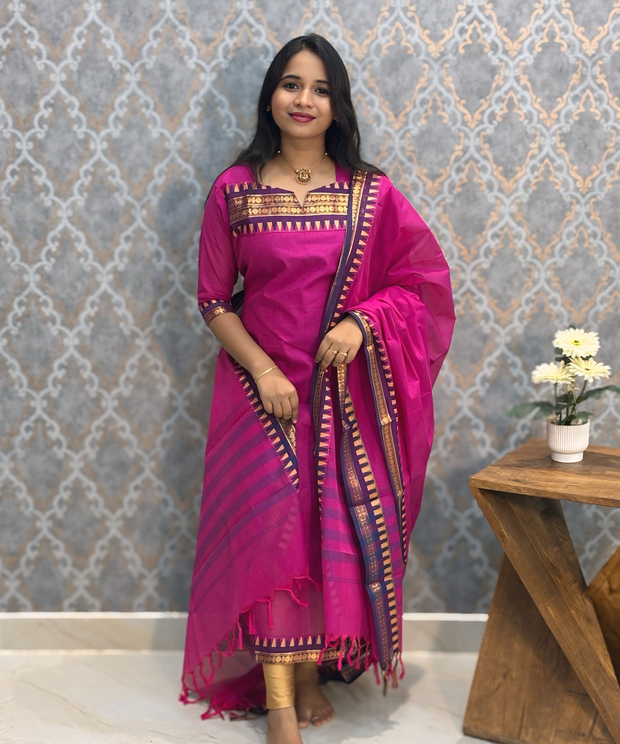 Magenta Pink Color Premium Kanchi Cotton 2 Piece Kurti and Dupatta / LSS198