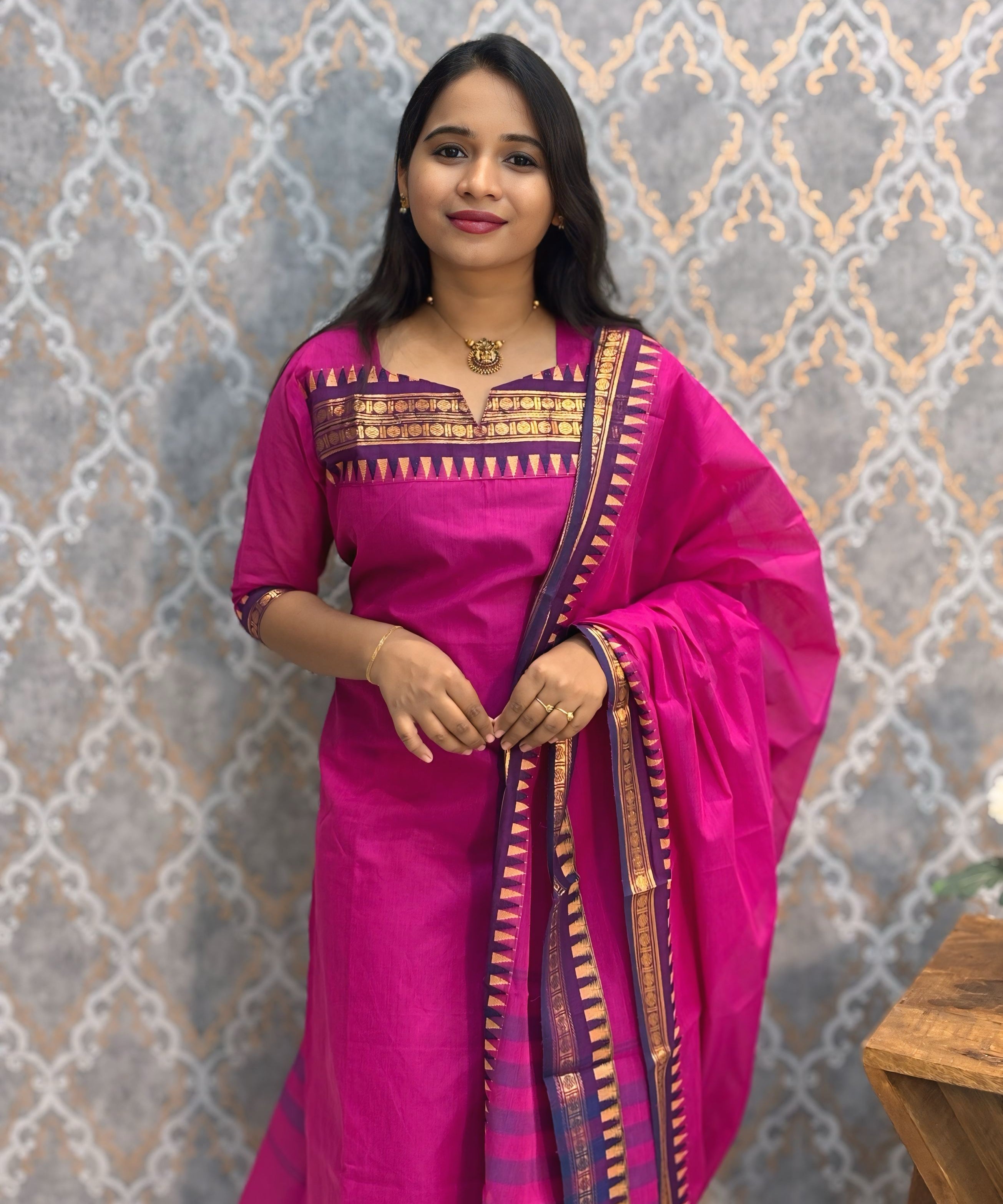 Magenta Pink Color Premium Kanchi Cotton 2 Piece Kurti and Dupatta / LSS198