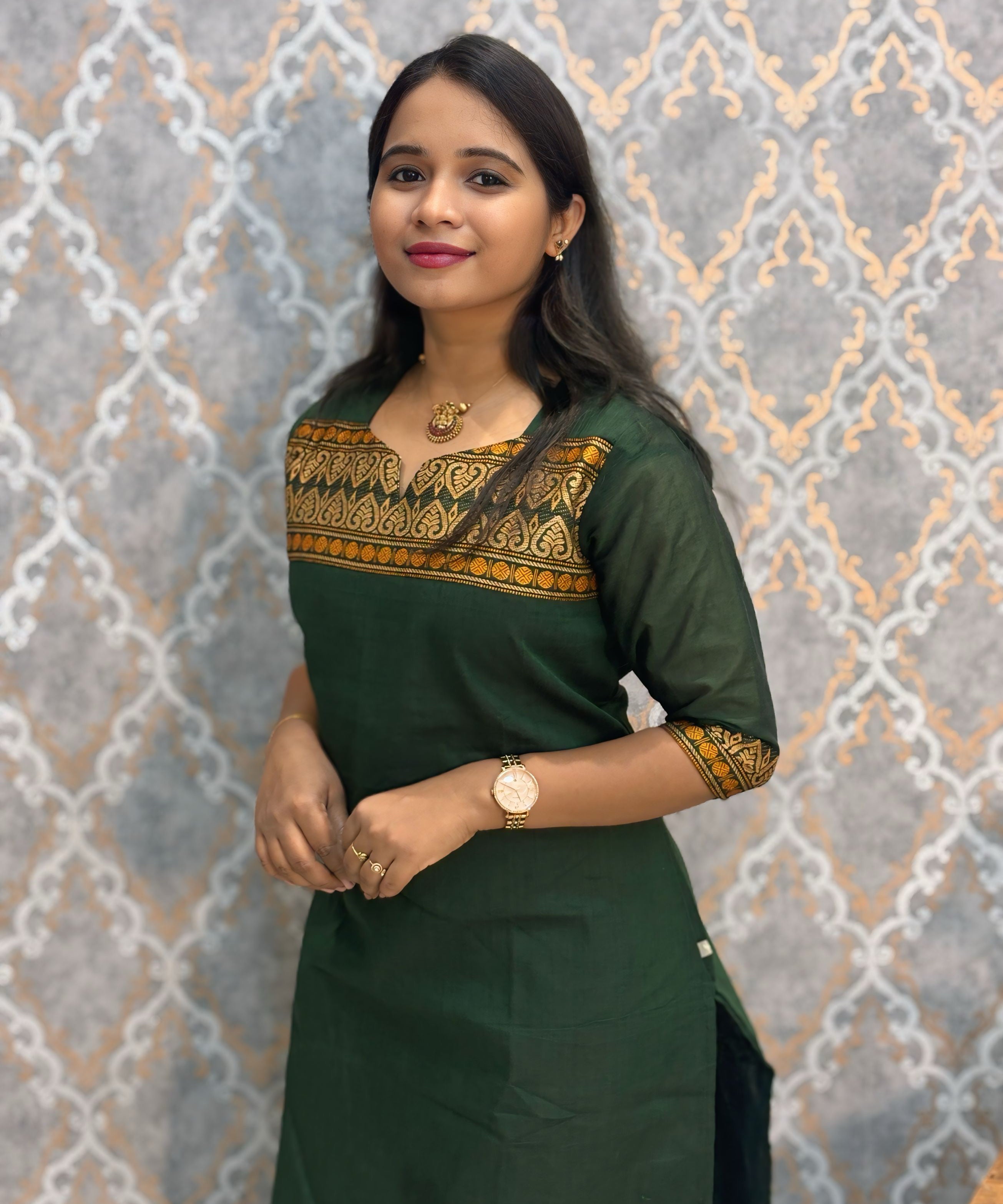 Dark Green Color Premium Kanchi Cotton 2 Piece Kurti and Dupatta / LSS198