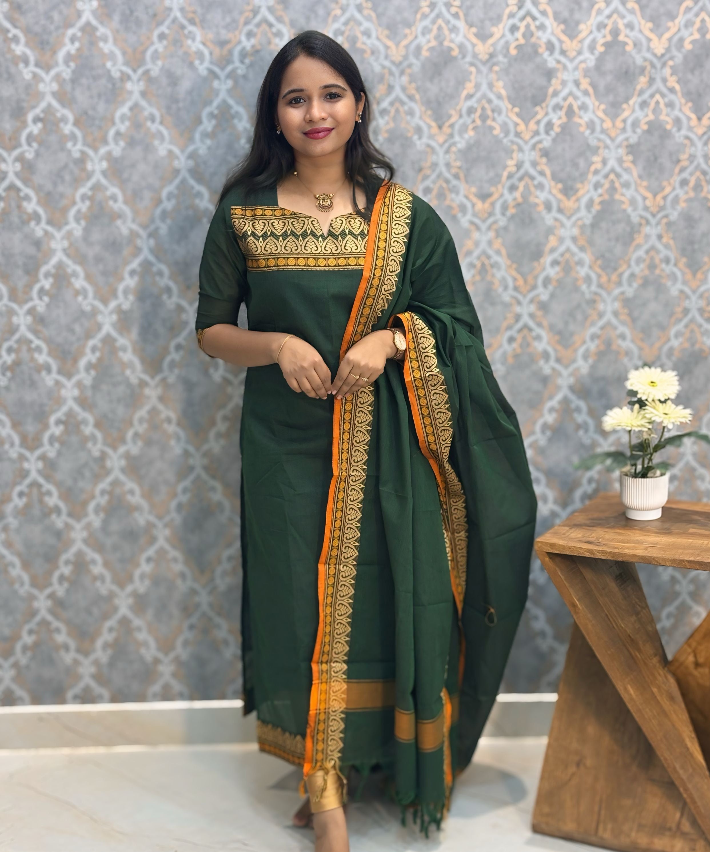 Dark Green Color Premium Kanchi Cotton 2 Piece Kurti and Dupatta / LSS198