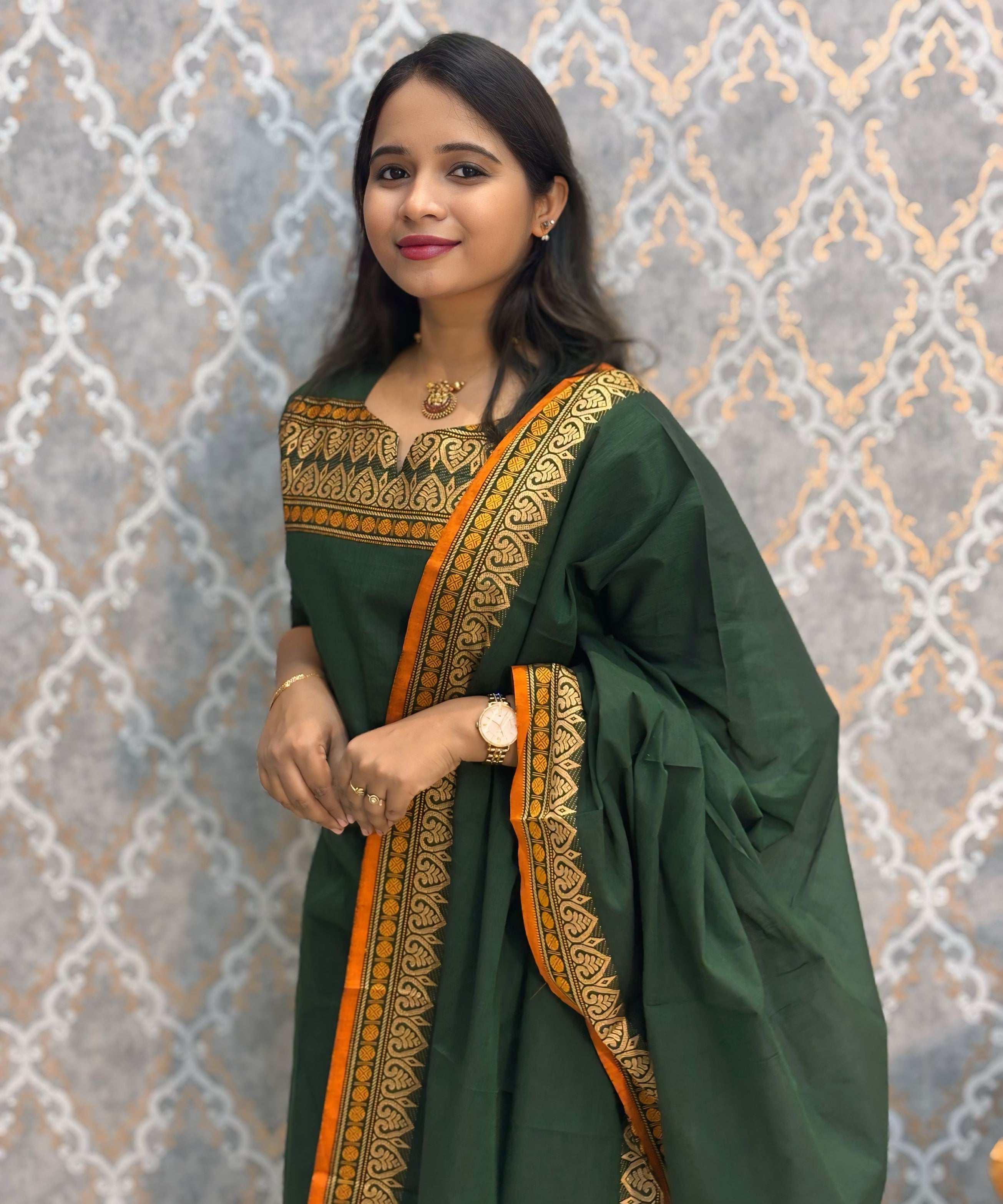 Dark Green Color Premium Kanchi Cotton 2 Piece Kurti and Dupatta / LSS198