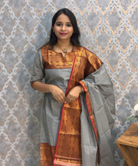 Gray and Maroon Color Premium Kanchi Cotton 2 Piece Kurti and Dupatta / LSS198